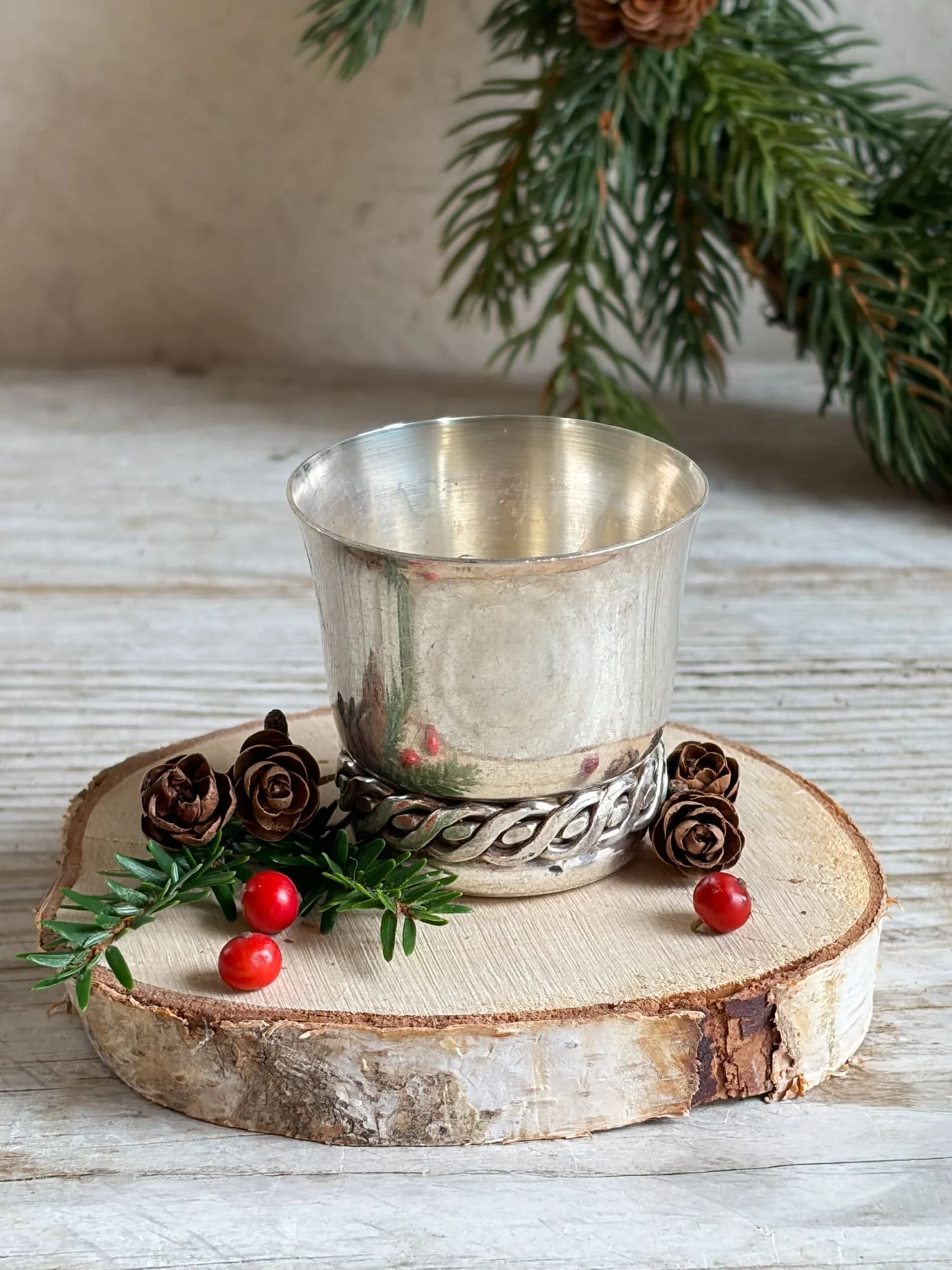 Antique French Petite Silver Plated Braided Base Wine Tumbler / Baby Christening Cupy