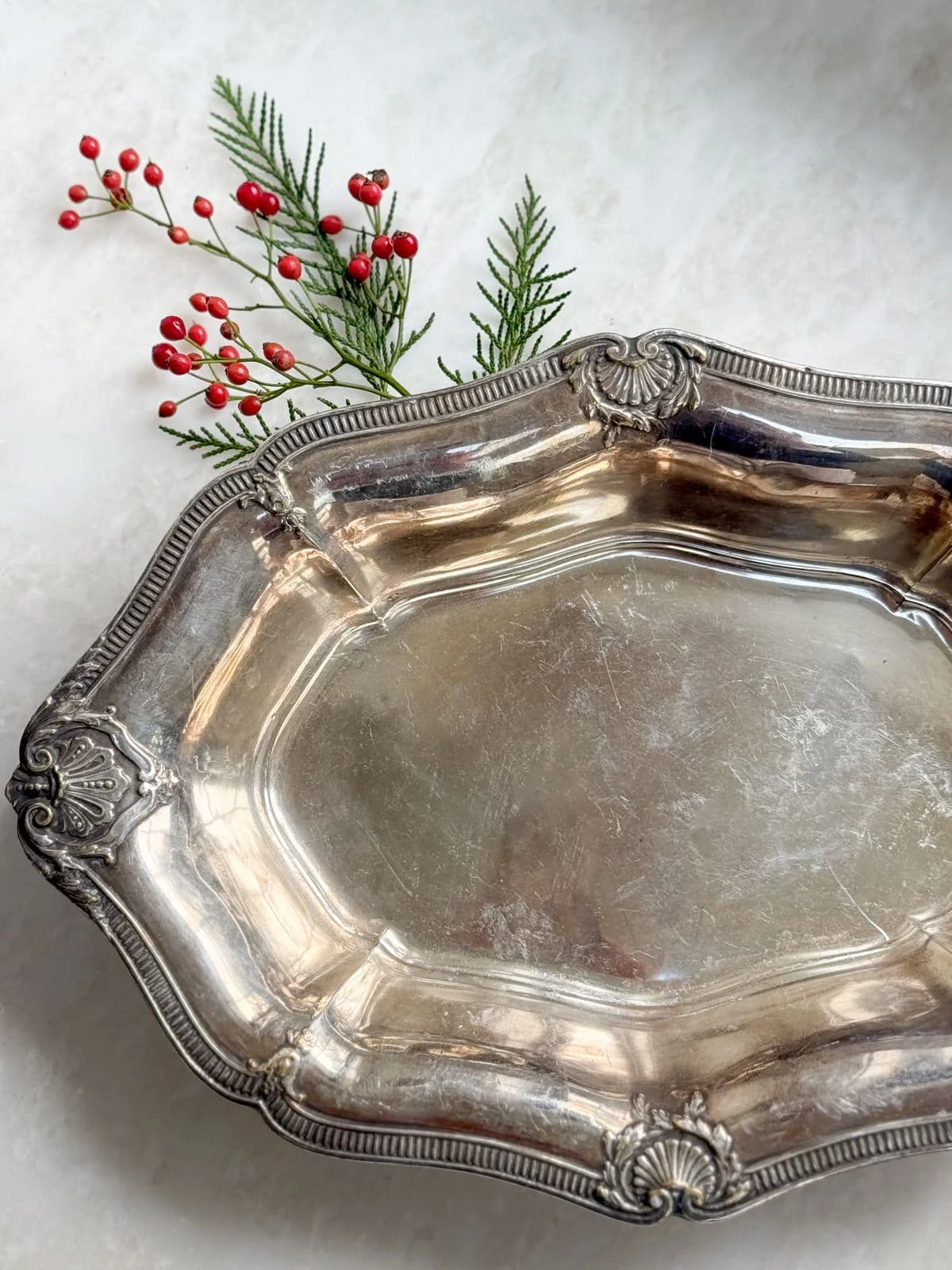 Vintage Vintage French Silver Plated Oval Chippendale Shaped Serving Tray with Shell Motifs
