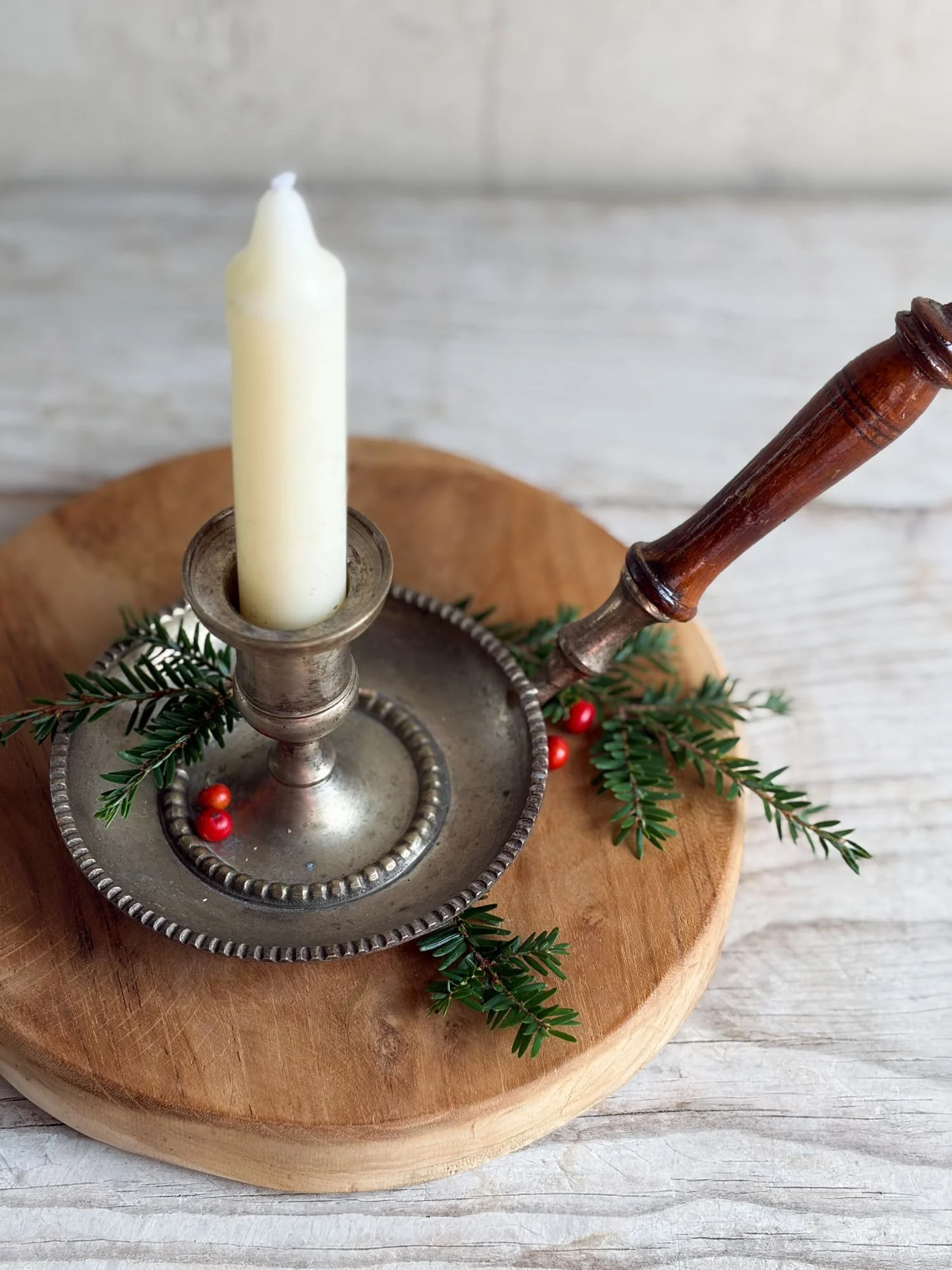 Vintage Silverplate Chamberstick Candle Holder with Turned Wood Handle