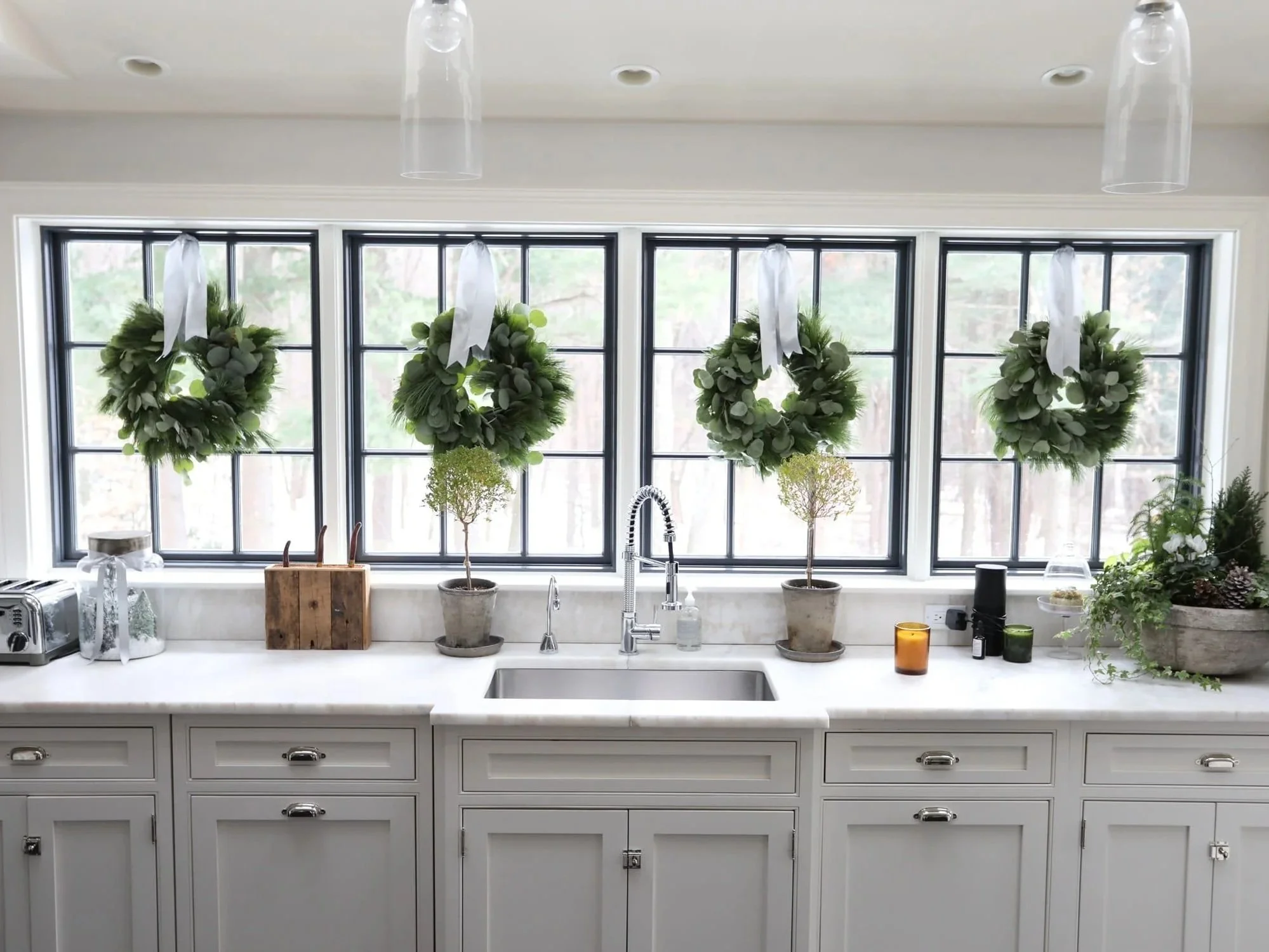 kitchen window holiday wreaths pine eucalyptus wreath