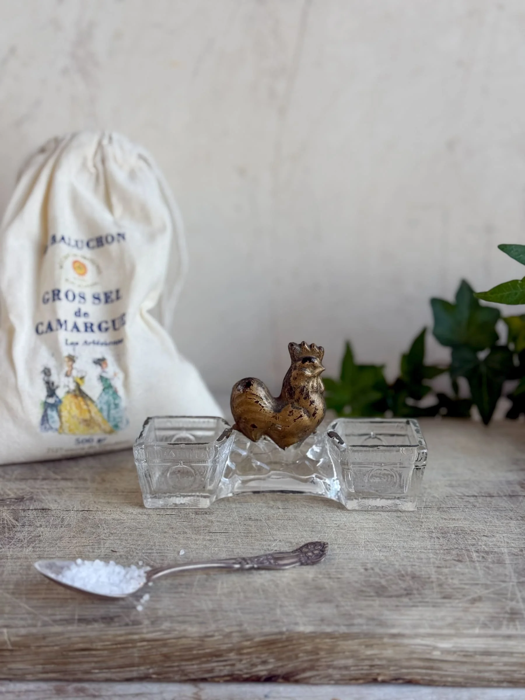 vintage-french-pressed-glass-salt-pepper-cellar-brass-rooster (2).jpg