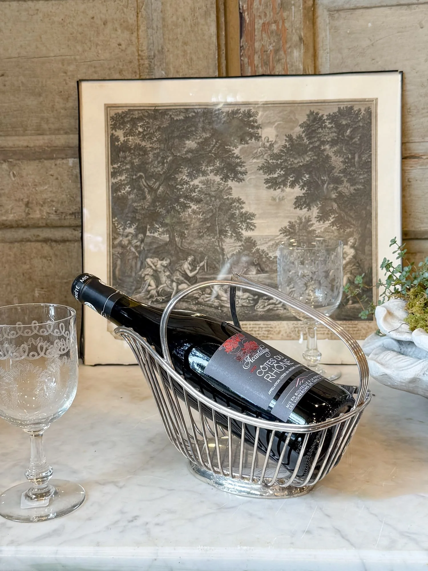 Vintage French Woven Metal Wine Bottle Carrier Basket | Wine Pourer Cradle