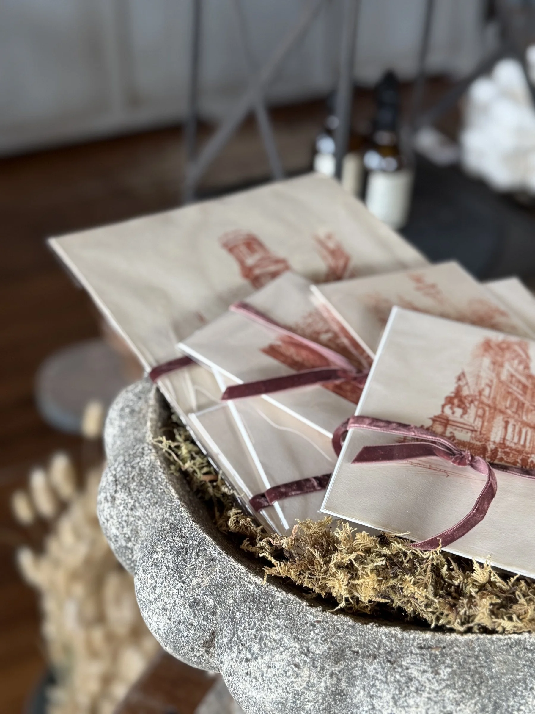 stone pedestal bowl garden urn block printed stationery notecards