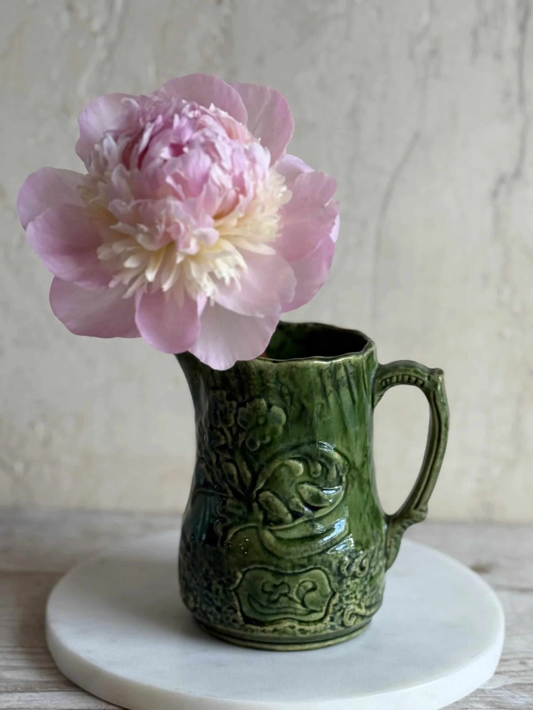 Vintage Handmade Majolica Pitcher with Green Glaze