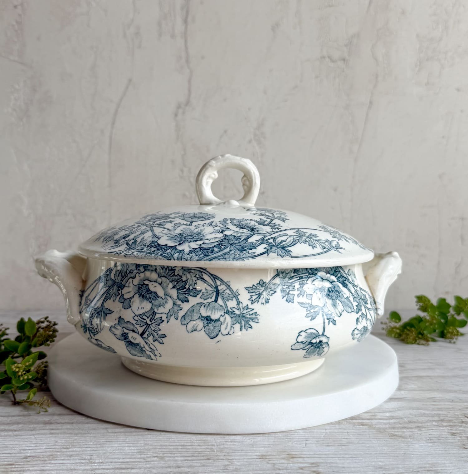 French Ironstone Terre de Fer Blue Transferware Tureen | Gien, France