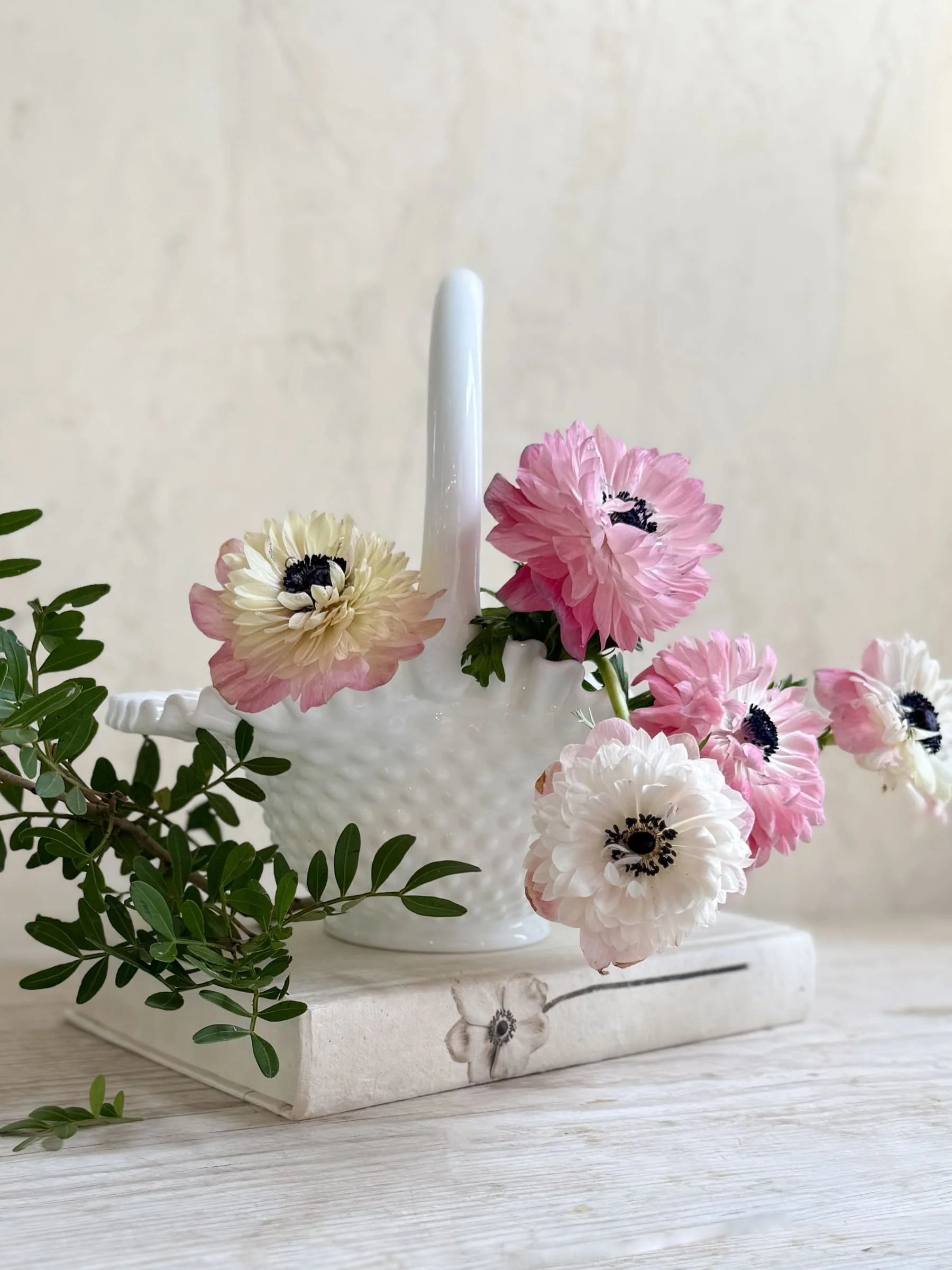 Vintage Fenton Hobnail Milk Glass Basket Bowl