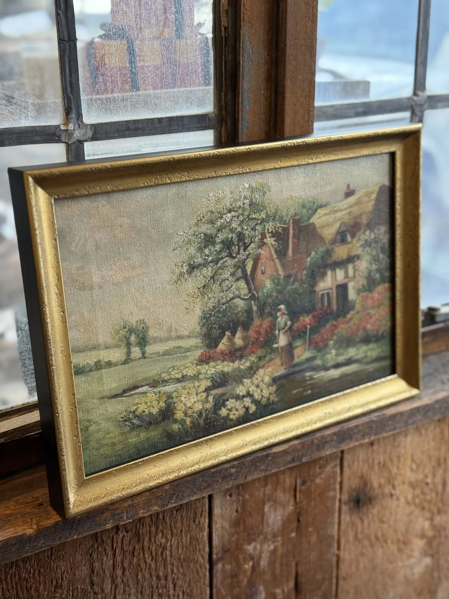 Antique Country Cottage Garden Oil Painting in Gilt Wood Frame - Artist Signed 1918