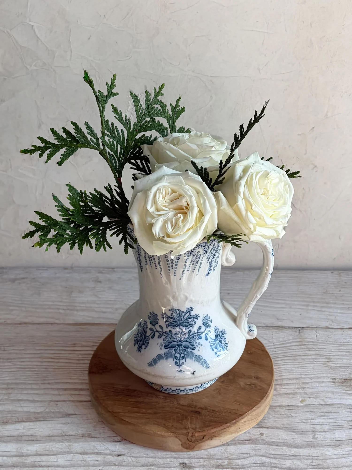Antique French Ironstone Blue Transferware Terre de Fer Pitcher -Saint Amand Faiencerie