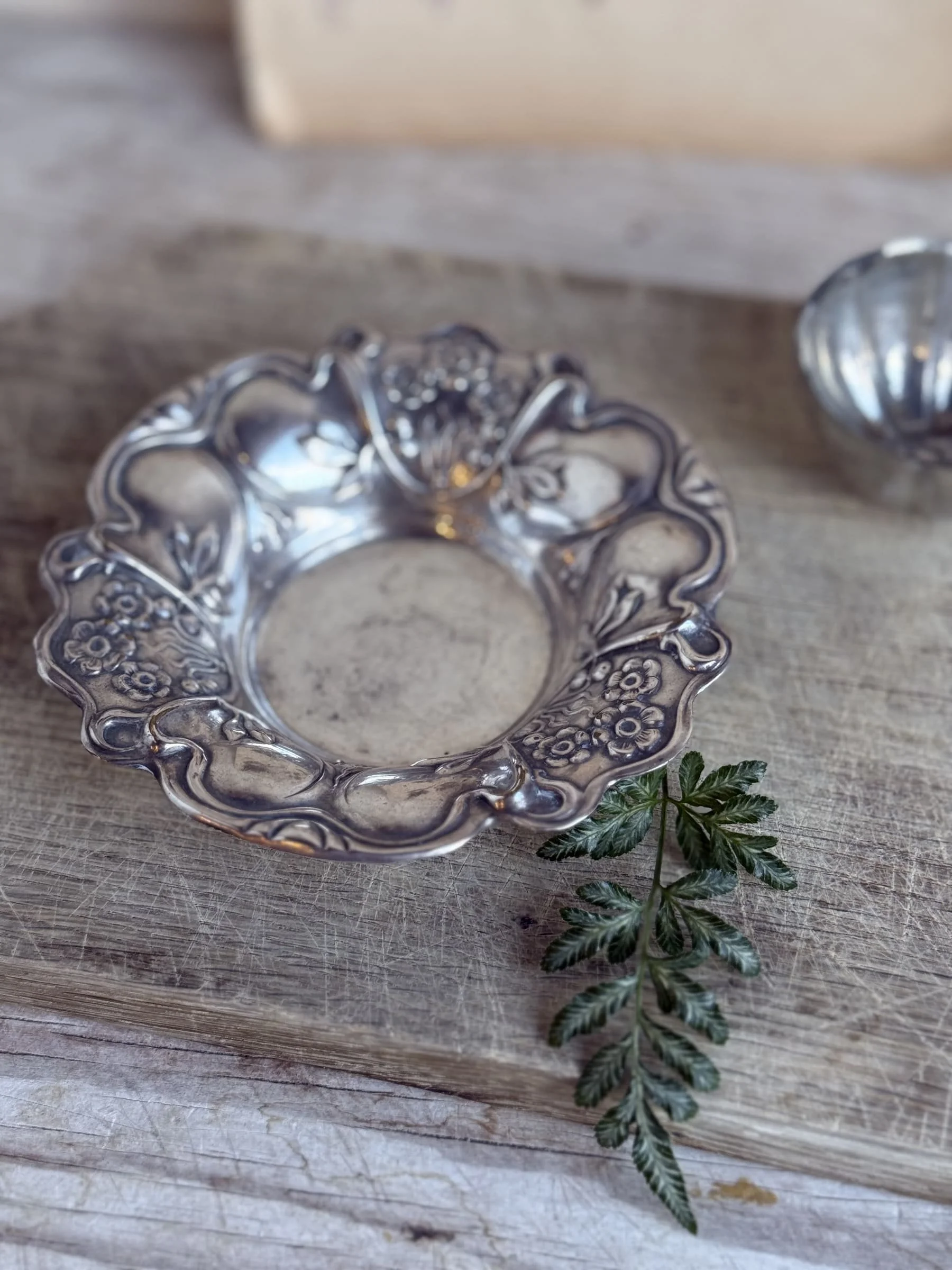 Vintage French Silver Floral Repousse Scalloped Dish Bowl