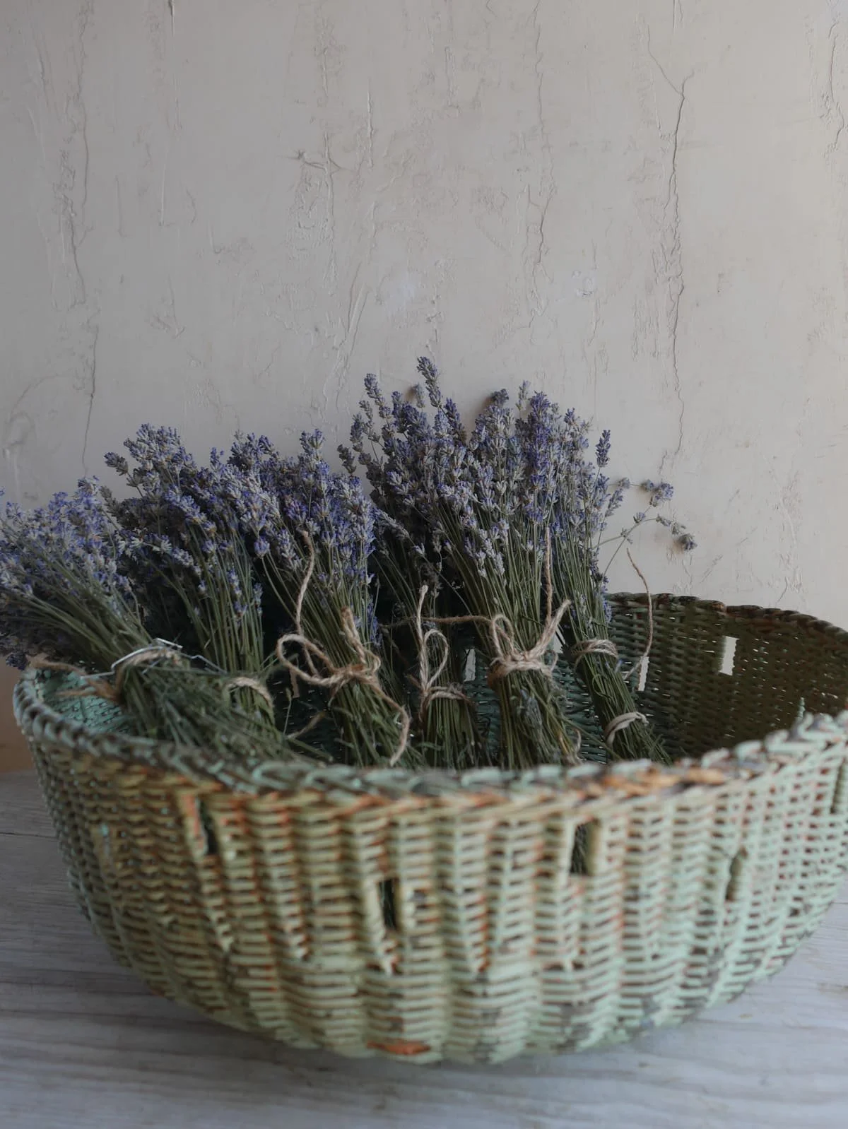 Large Round Wicker Basket Bowl | Mint Green Painted Farmhouse Basket