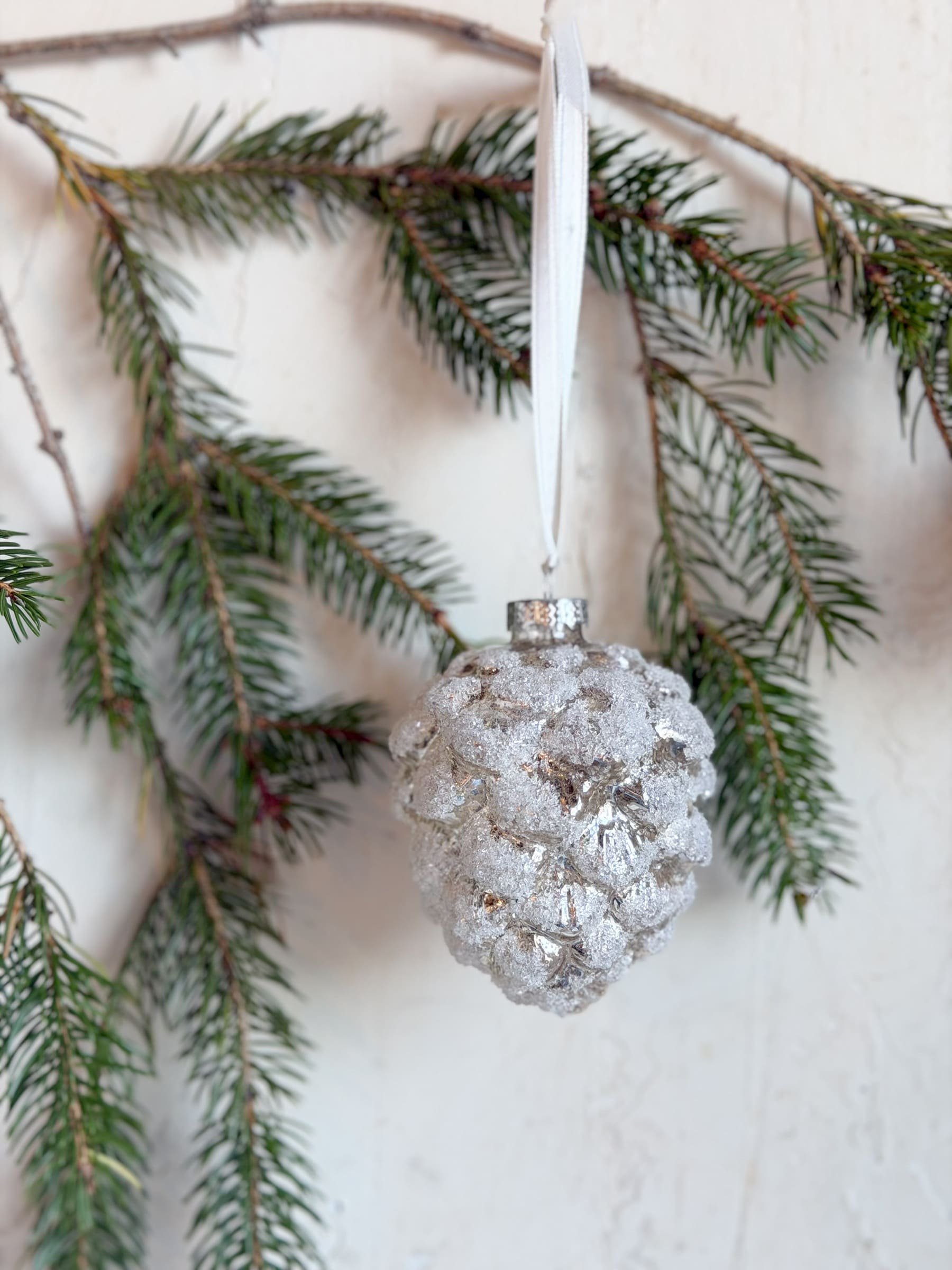 Silver Sugared Mercury Glass Pine Cone Ornament