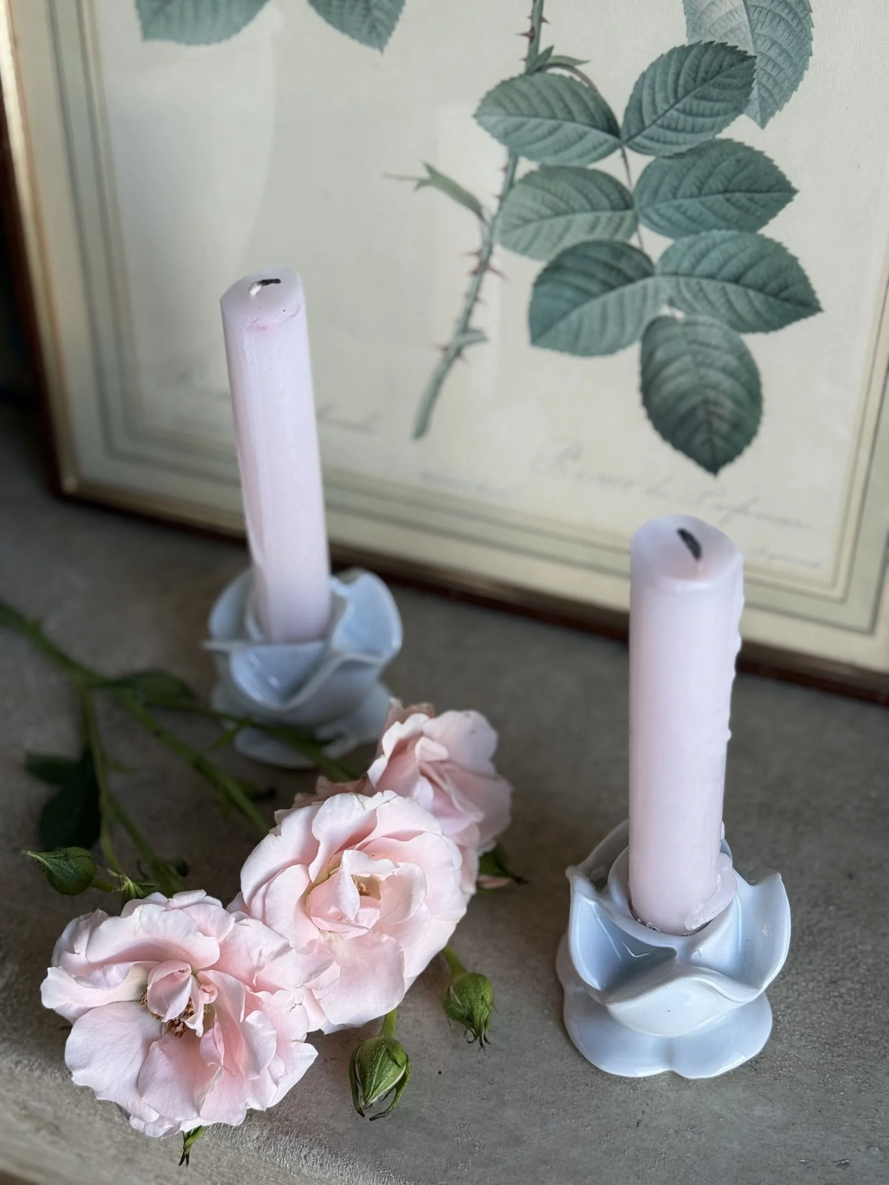 Vintage French Porcelain Sculpted Rose Candle Holders - Pair