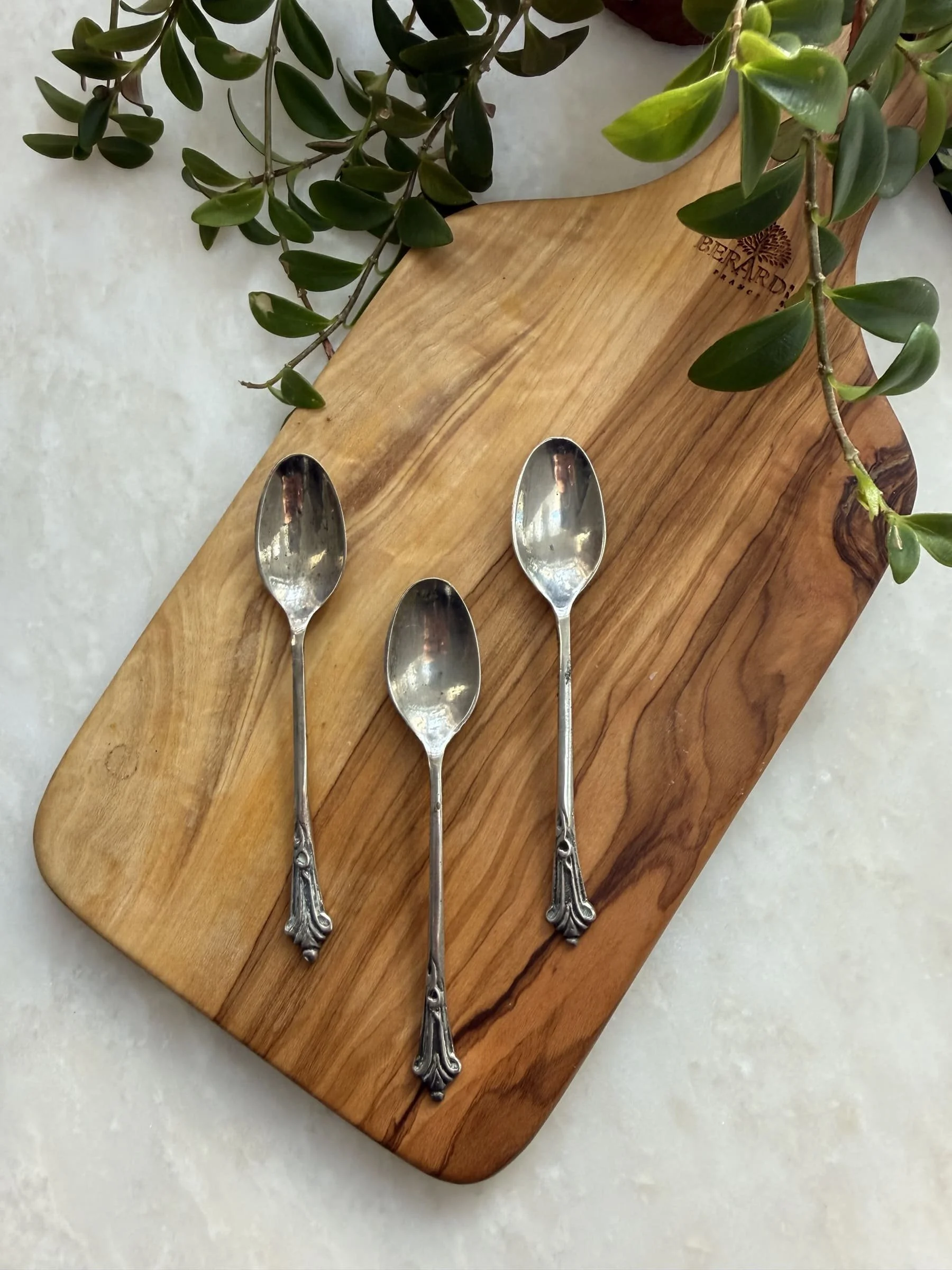 French Silver Plated Demitasse Moka Spoons with Scrolled Repousse Handles - Set of 6