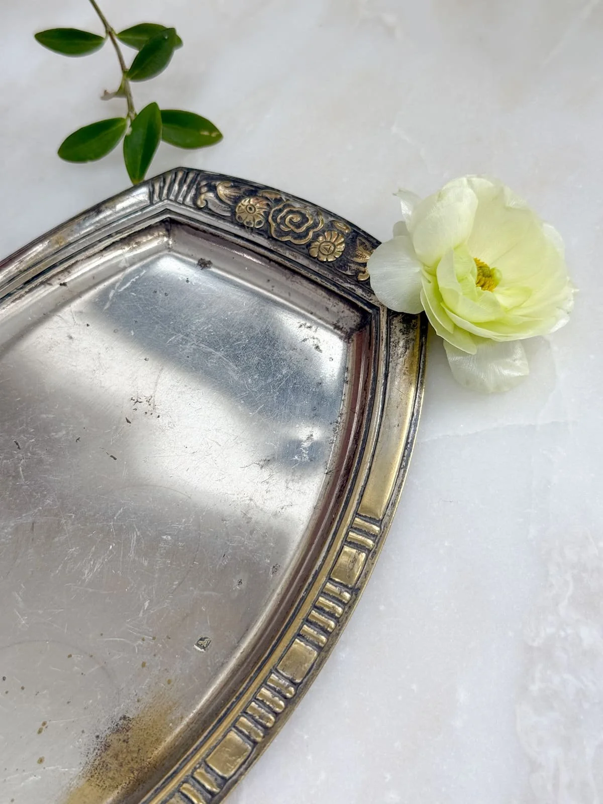 French Art Deco Silver Plated Oval Serving Tray - Embossed Roses Border