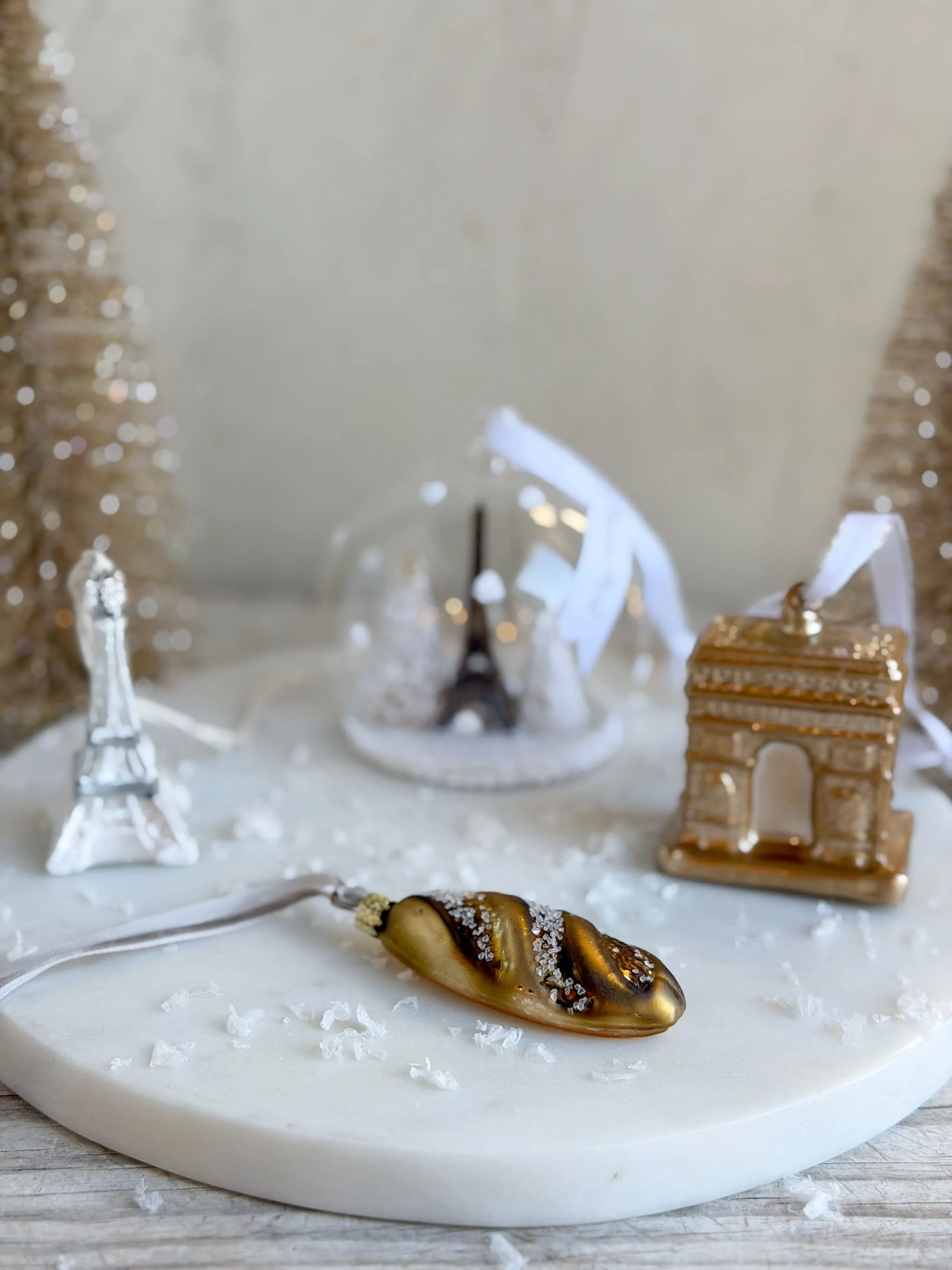 Handpainted Mercury Glass Paris Landmark Ornaments | Eiffel Tower Snow Globe Ornament