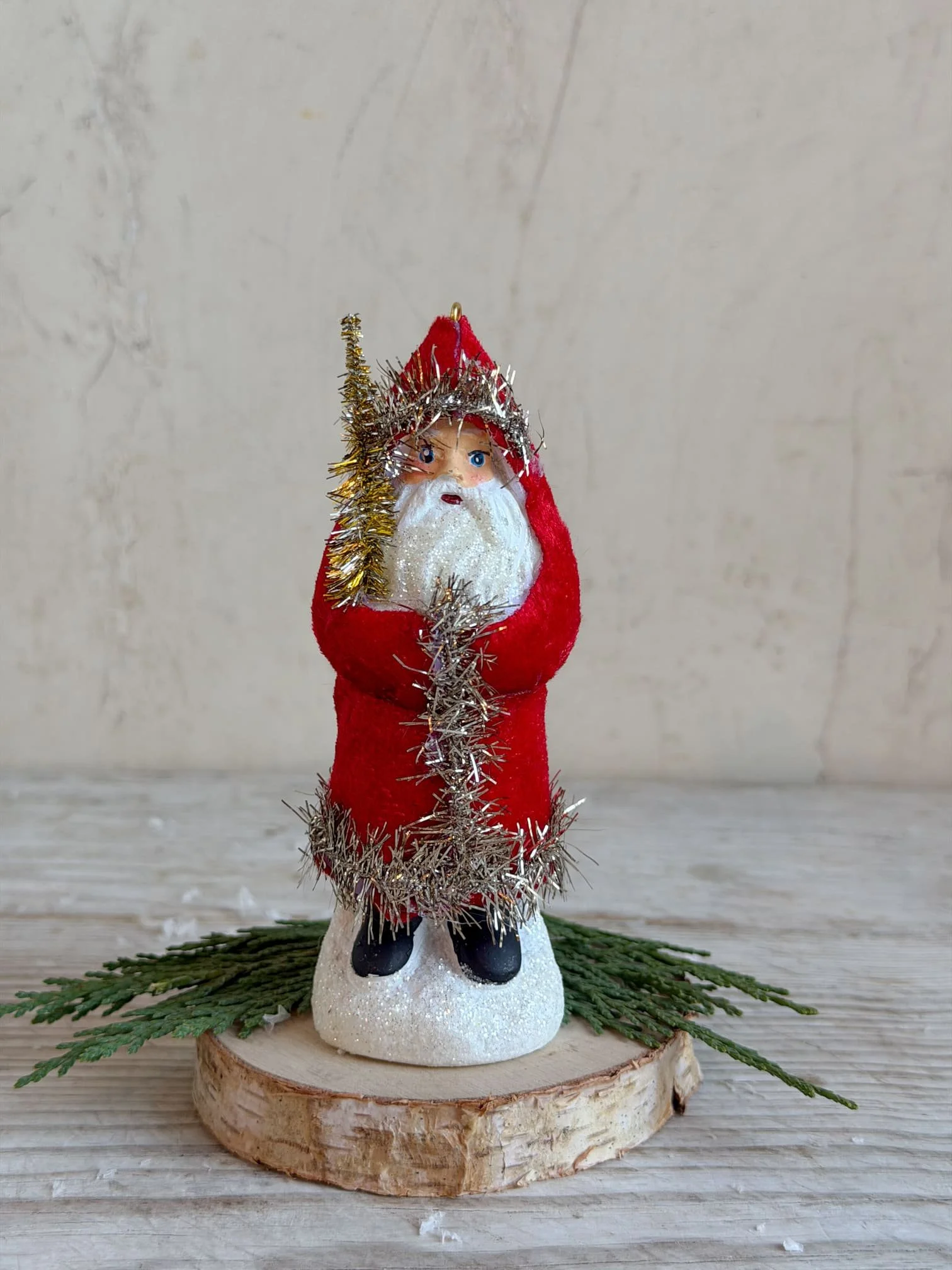 Santa Ornament with Silver Tinsel Red Coat
