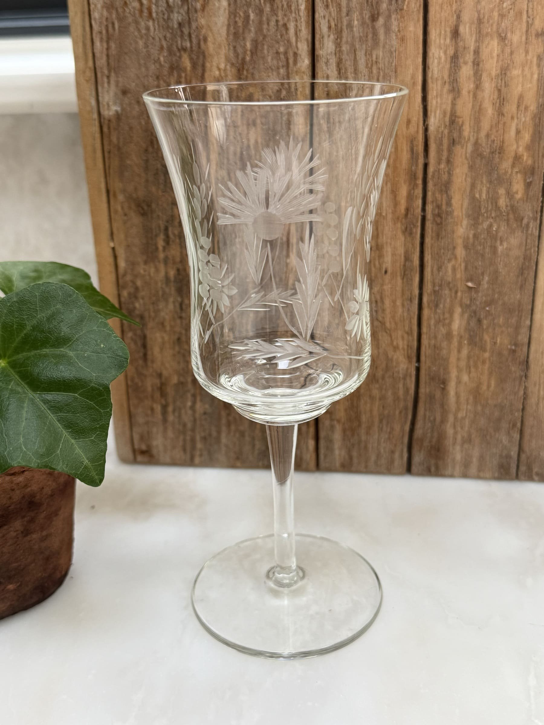 Vintage Etched Crystal Wine Glass, Water Goblet - Wheat Pattern