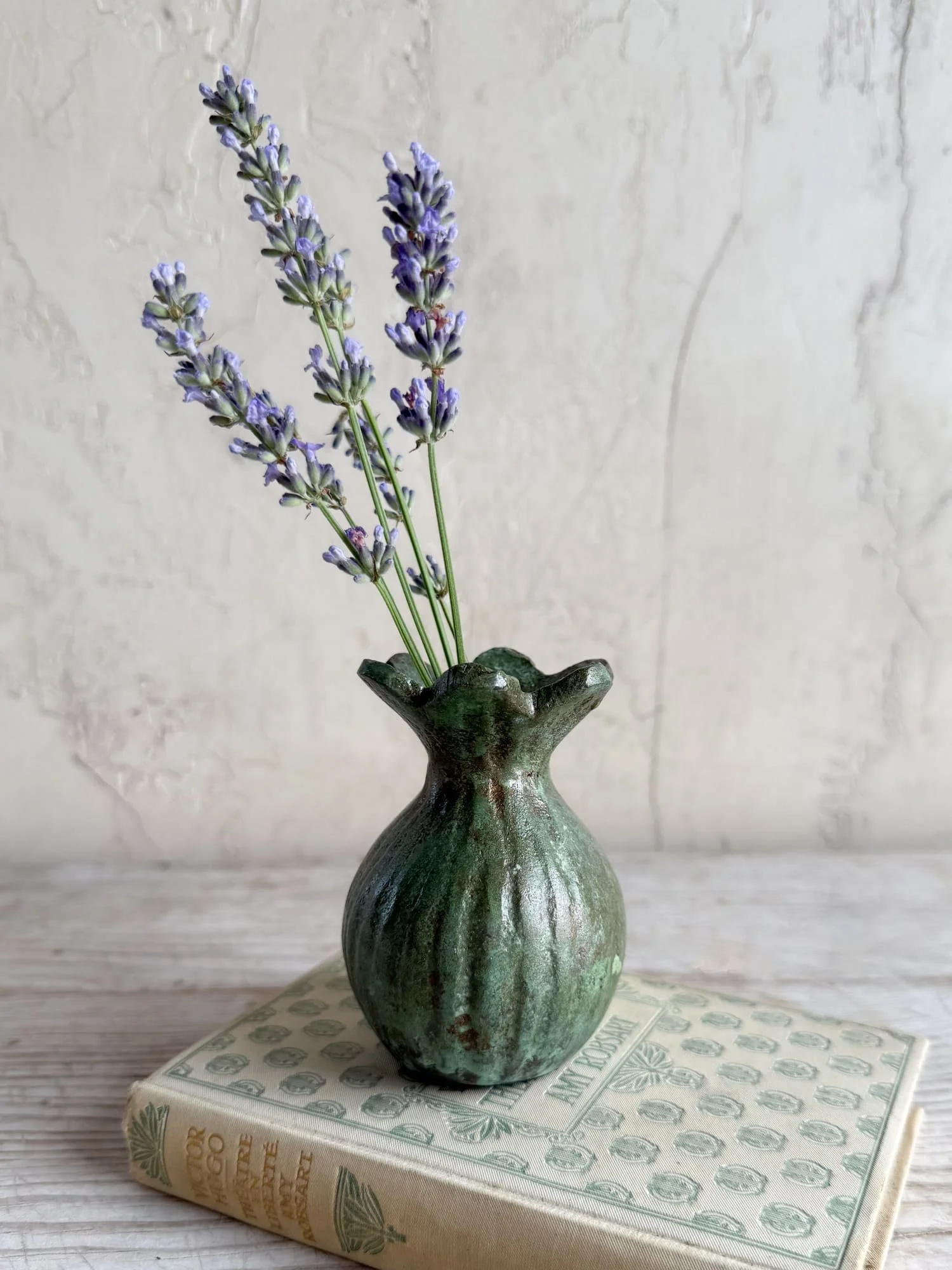 Green Patina Metal Poppy Bud Vase