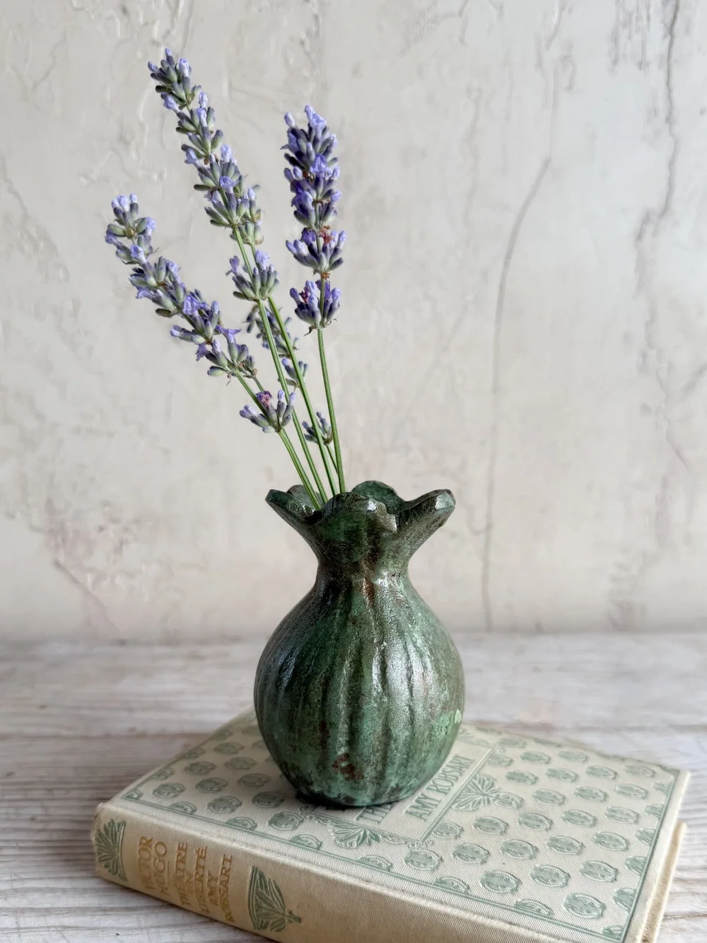 Green Patina Metal Poppy Bud Vase