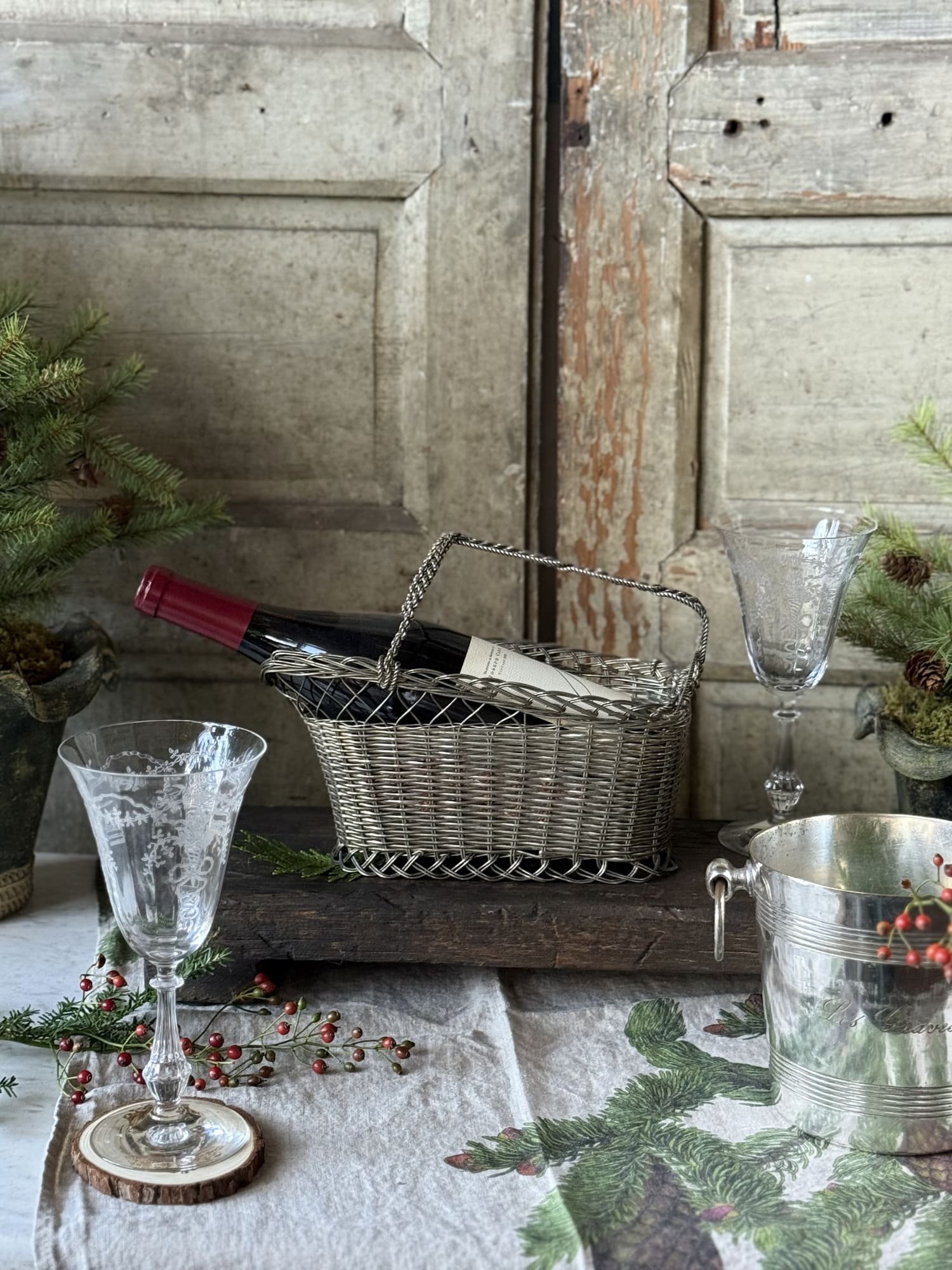 Vintage French Woven Metal Wine Bottle Carrier Basket | Wine Pourer Cradle
