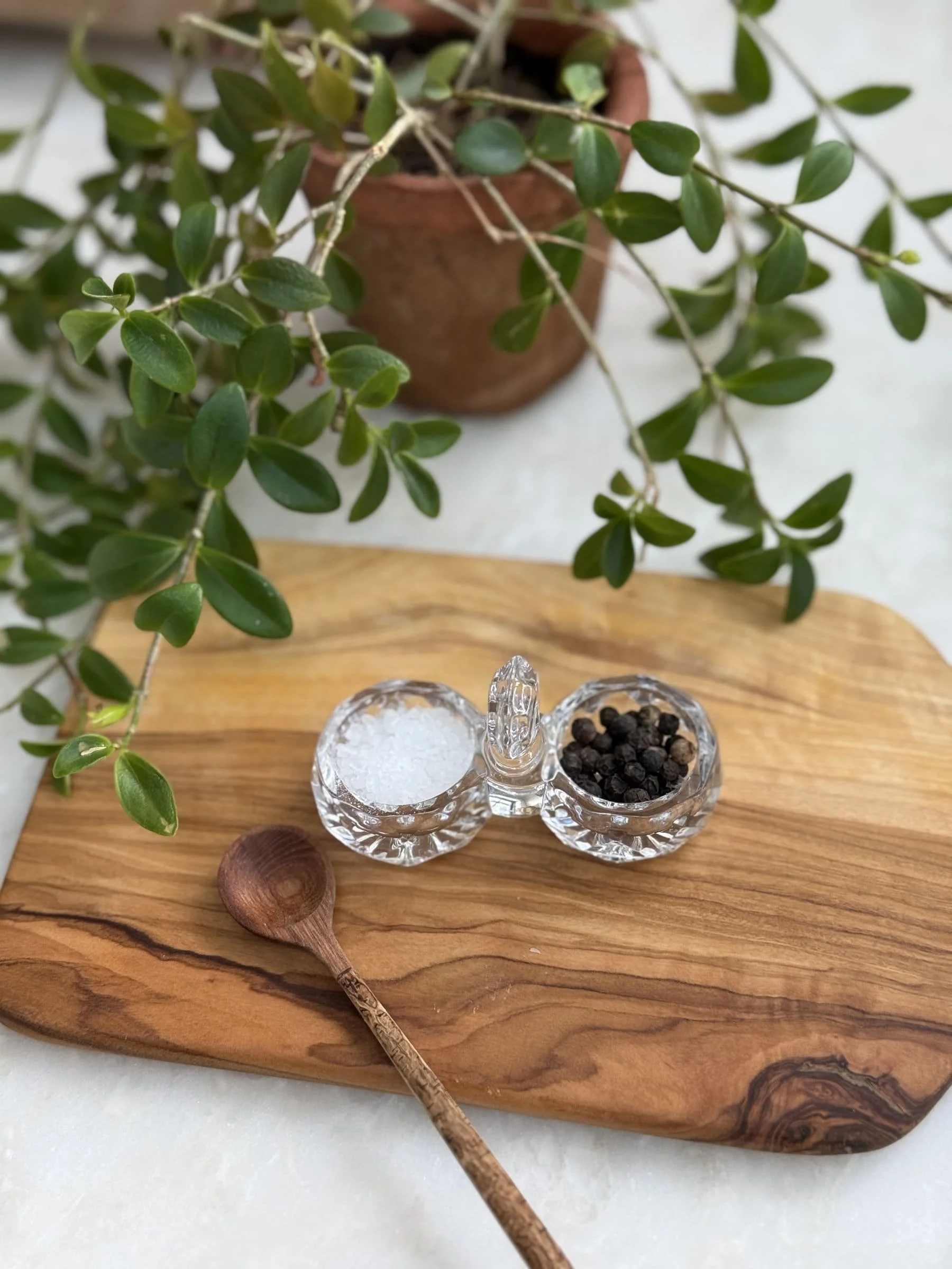 Vintage Double Cut Glass Salt & Pepper Server Set | Salt Cellar Dish