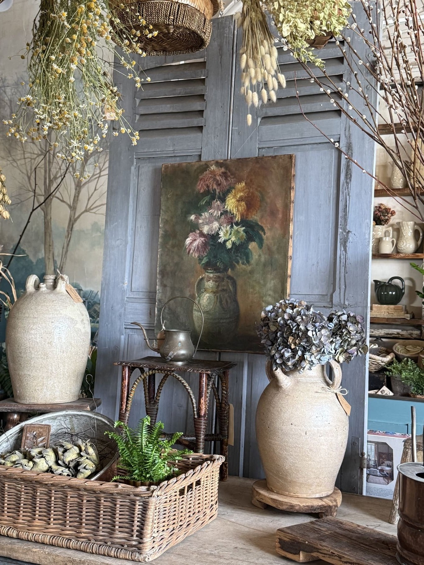 french stoneware oil jars wicker basket still life oil painting