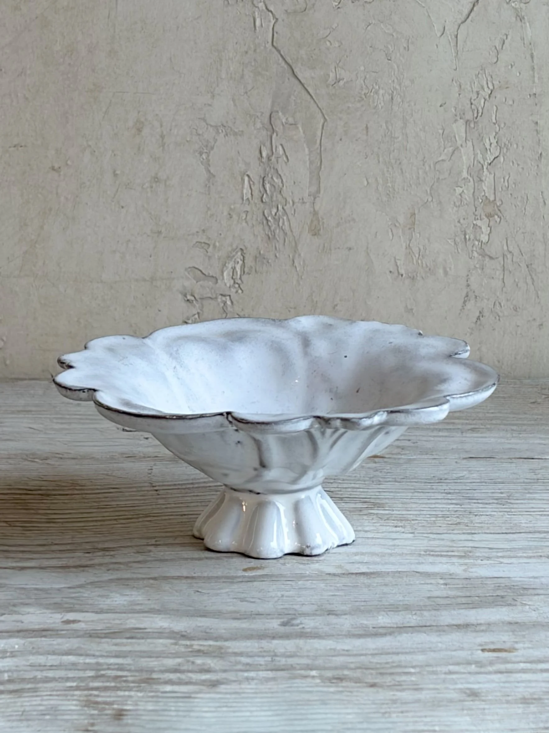 Reves d'Argile Petite Scalloped Compote Dish |  White Majolica Glazed Provence Pottery