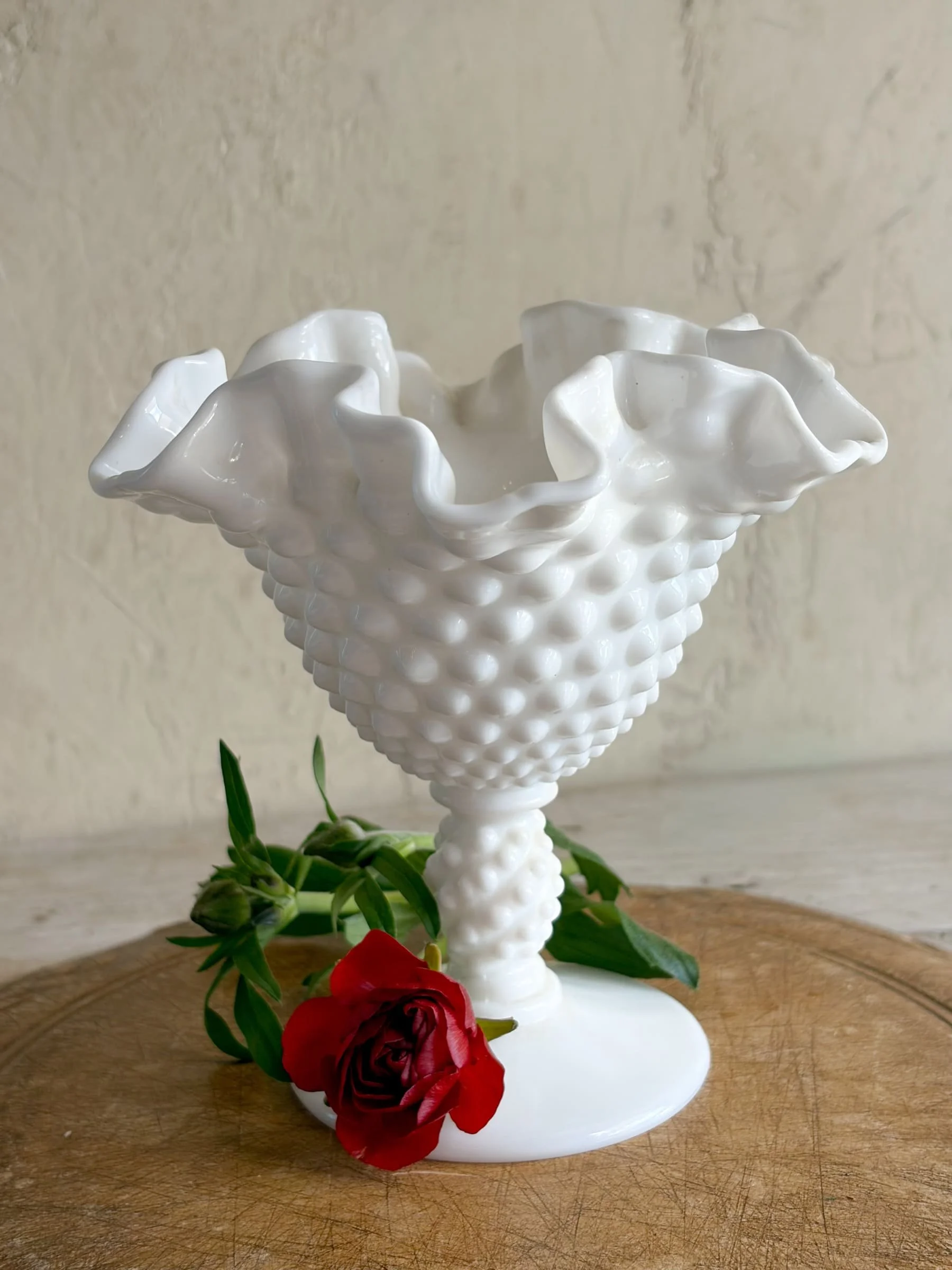 Vintage White Milk Glass Ruffle Rim Hobnail Compote Pedestal Bowl