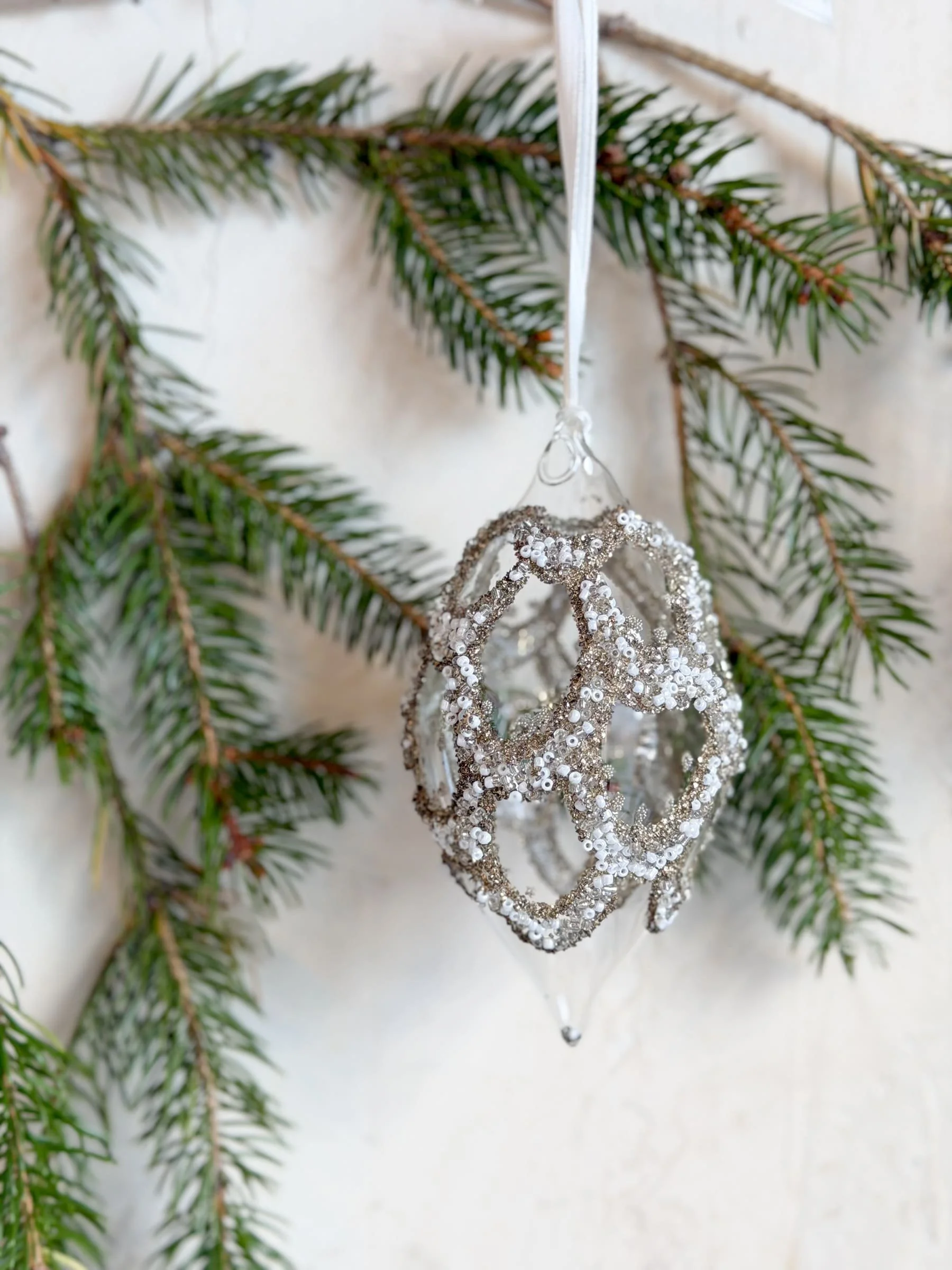 Glass Teardrop Ornament with Silver and Pearl Beeded Garland