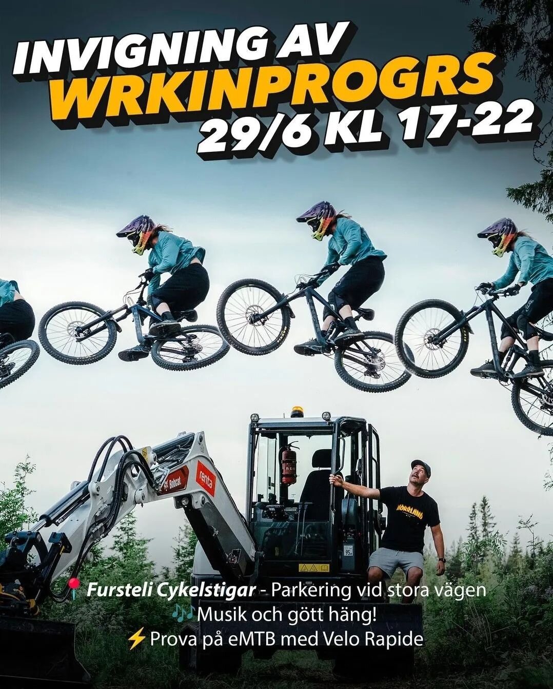 IKV&Auml;LL!! 
Hopprojektet WRKINPROGRS invigs! 
Kom och kolla in de som cyklar i hoppen, cykla sj&auml;lv eller bara h&auml;ng. Man kan cykla e-mtb fr&aring;n kl 17. Velorapide &auml;r d&auml;r med democyklar fr&aring;n kl 19. 
Parkering p&aring; Fu