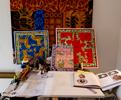 Kate Toledo's sketchbooks, and scarf designs in her Jumeriah studio