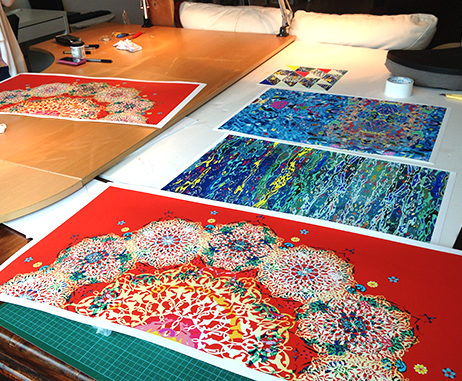 test prints for sampling patterns, layers, and compositions are all part of Julia ibbini's process