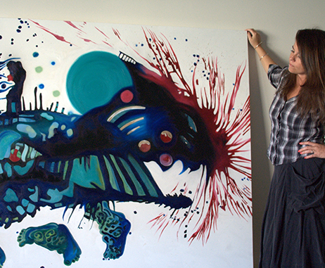 Kathryn Wilson with her artwork titled Sleepwalking