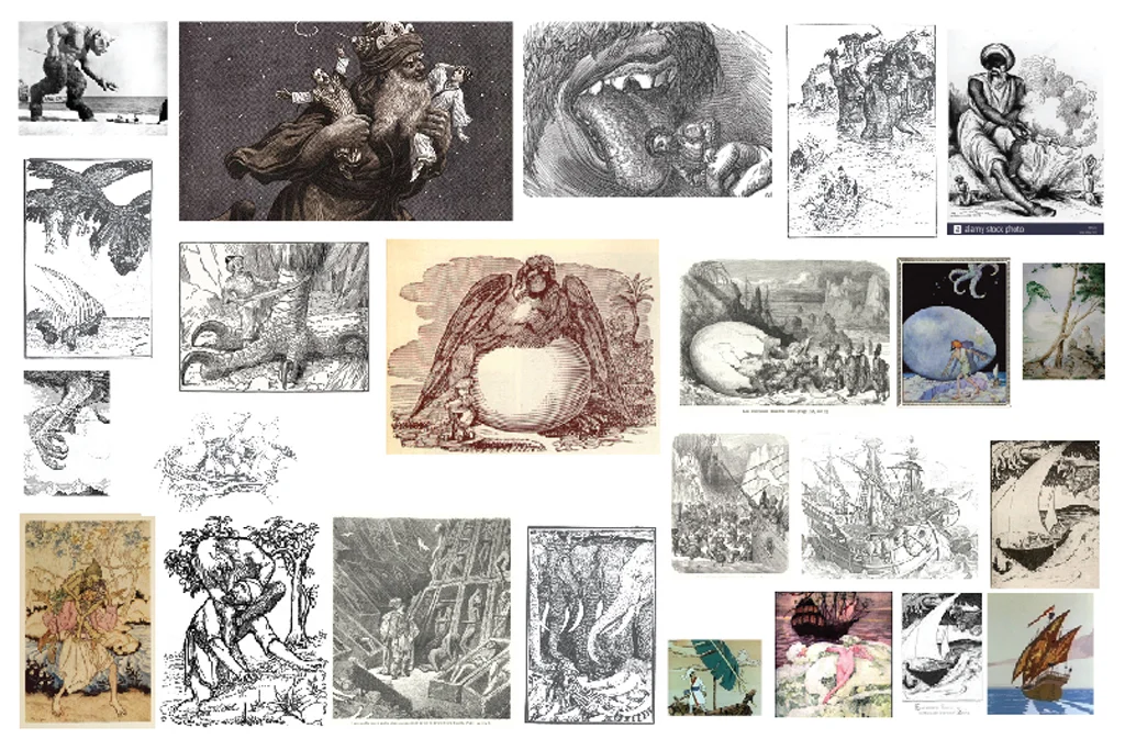 Lama’s mood board of different depictions of Sindbad’s stories
