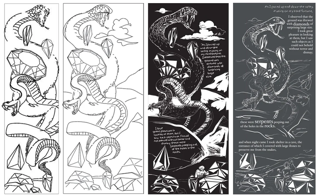 Work in progress: from initial sketches to final outcome.