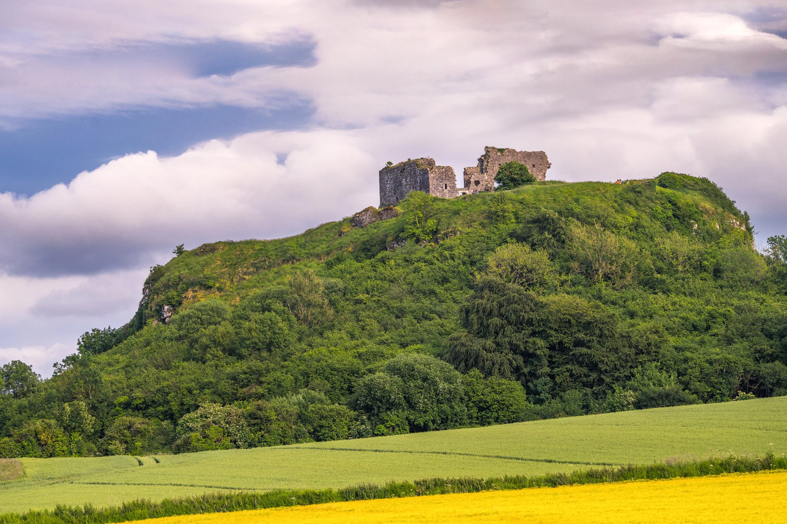 Rock of Dunamase, with the ruins of a 12th Century castle, rising almost 50 metres above the plain near Port Laois in Co Laois, Ireland.