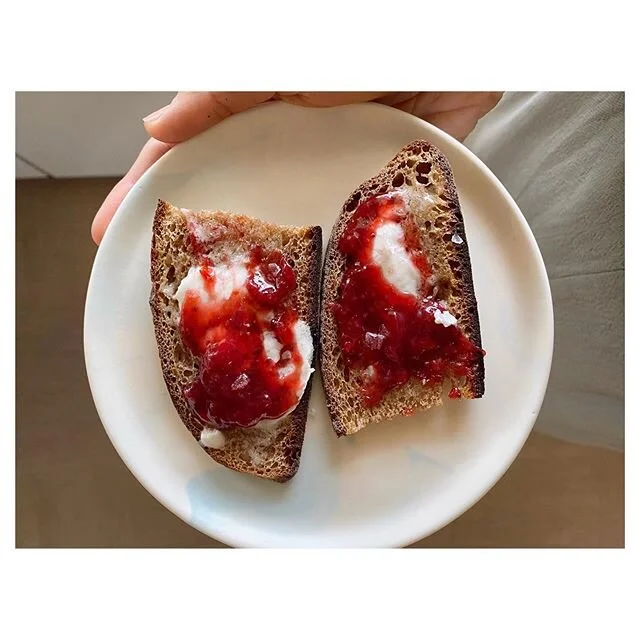 Toast in your 30s &mdash; a warm slice of sourdough with butter, strawberry jam, + maldon salt 🍓 #sourdoughclub
