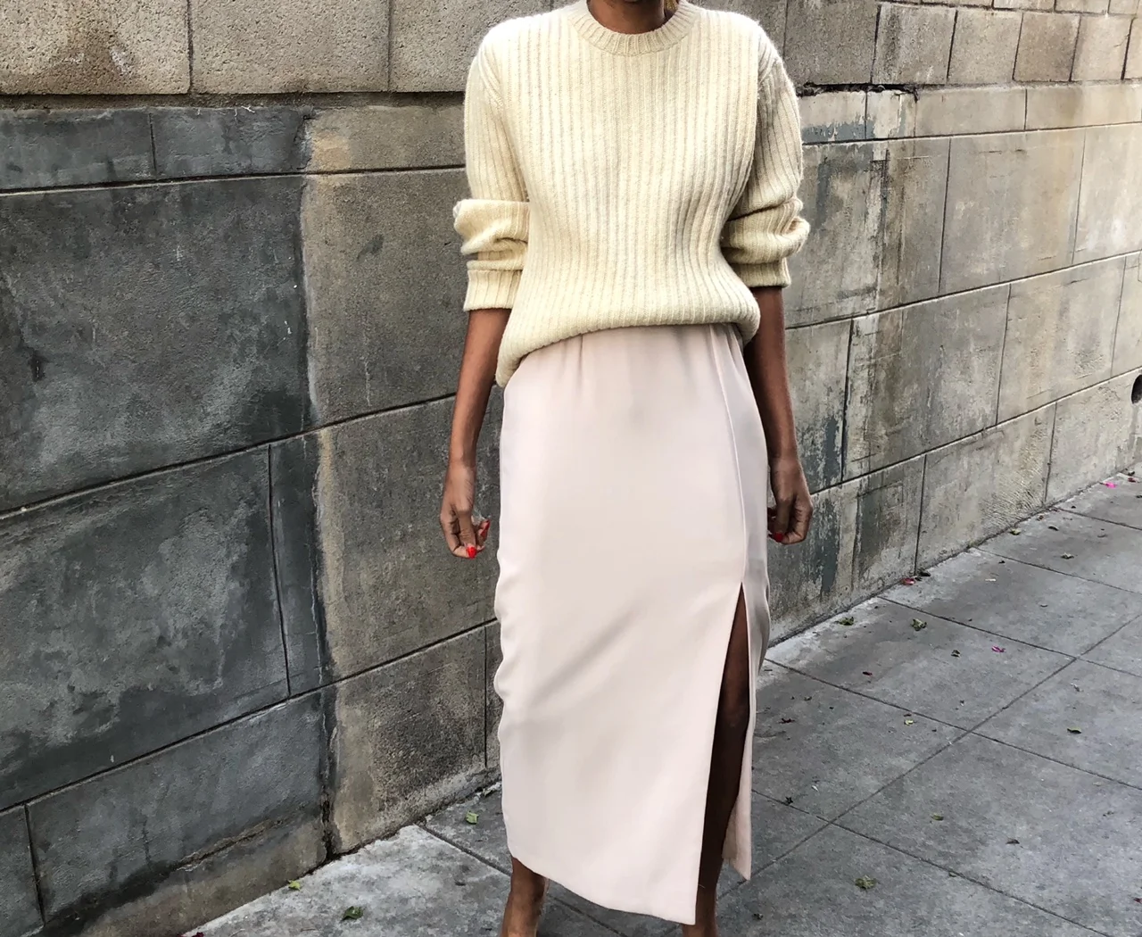 100% Wool Ribbed Sweater/Crepe Skirt w 