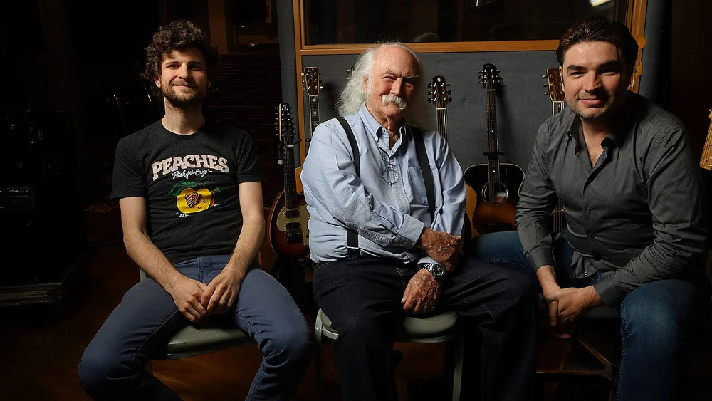 The team behind David Crosby's record. From left to right, Michael League, David Crosby and Fab Dupont