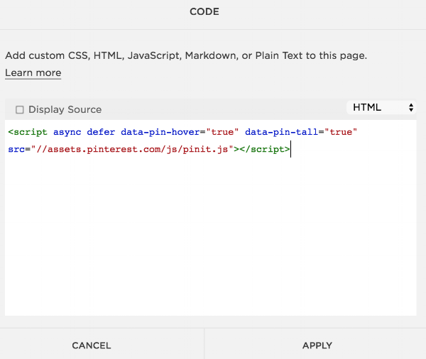 Adding Pinterest save button via Squarespace Code Block