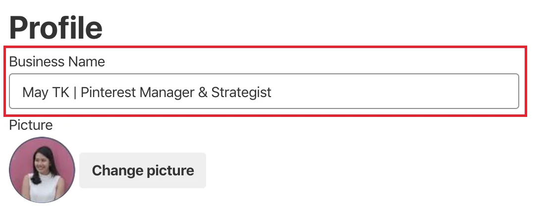 How to fill up your Pinterest business name in your profile - Untangled Pinterest Marketing