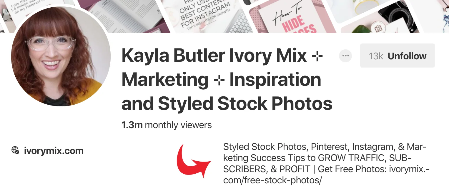 Optimize your Pinterest business account with keywords in your profile description. Sample from Ivory Mix. - Untangled Pinterest Marketing