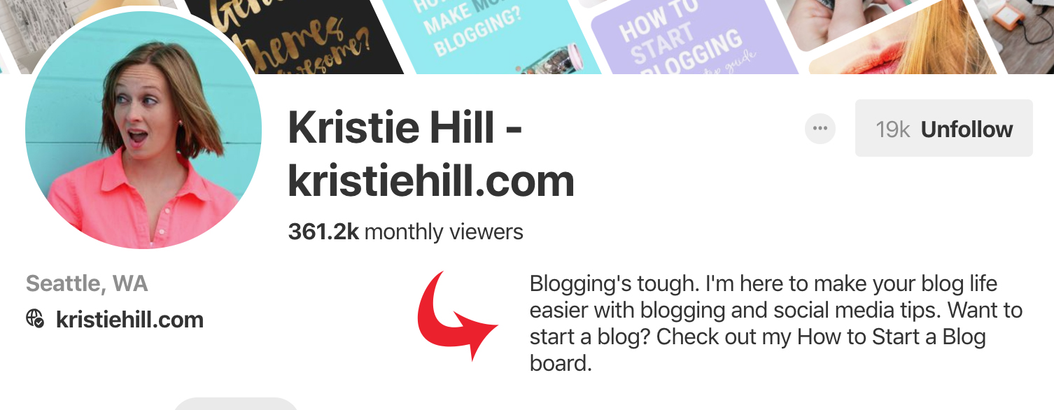 Optimize your Pinterest business account with keywords in your profile description. Sample from Kristie Hill. - Untangled Pinterest Marketing