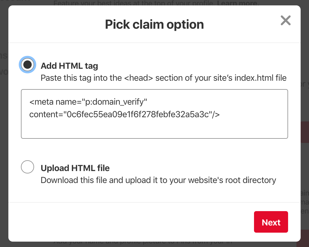 How to claim your website on Pinterest - claim options