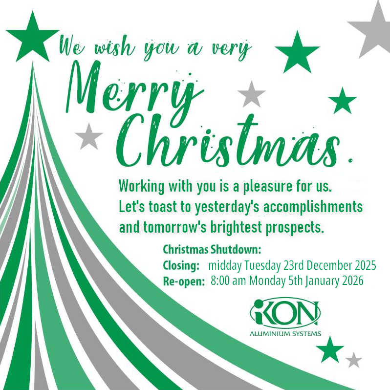 Christmas banner from Ikon Aluminium 2025 merry Christmas with closing and opening dates