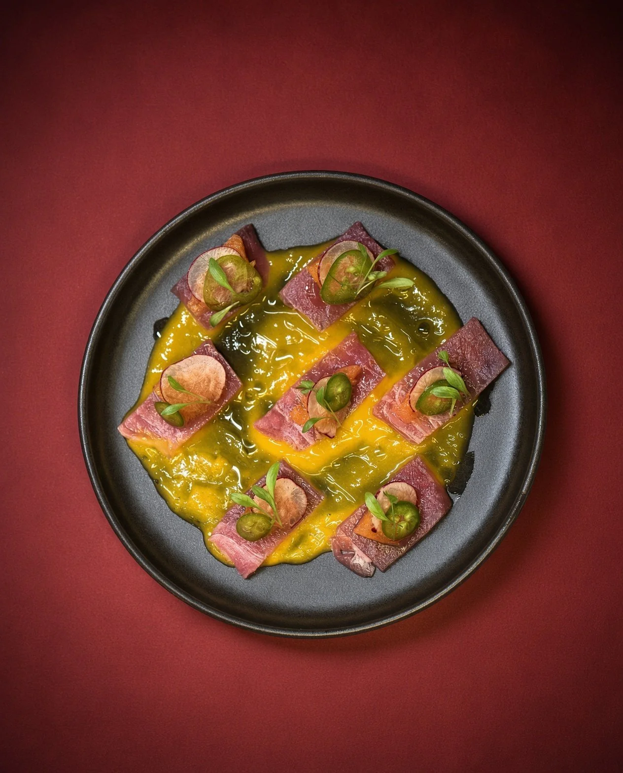 Yellowfin tuna crudo with mango leche de tigre, radish and jalapeño
