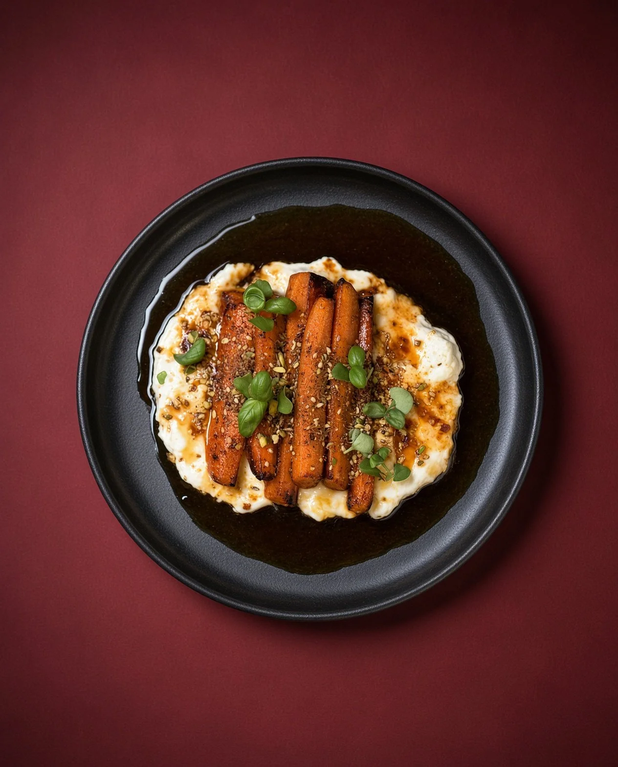 Roasted carrots on stracciatella with pistachio dukkah and basil, seen from above