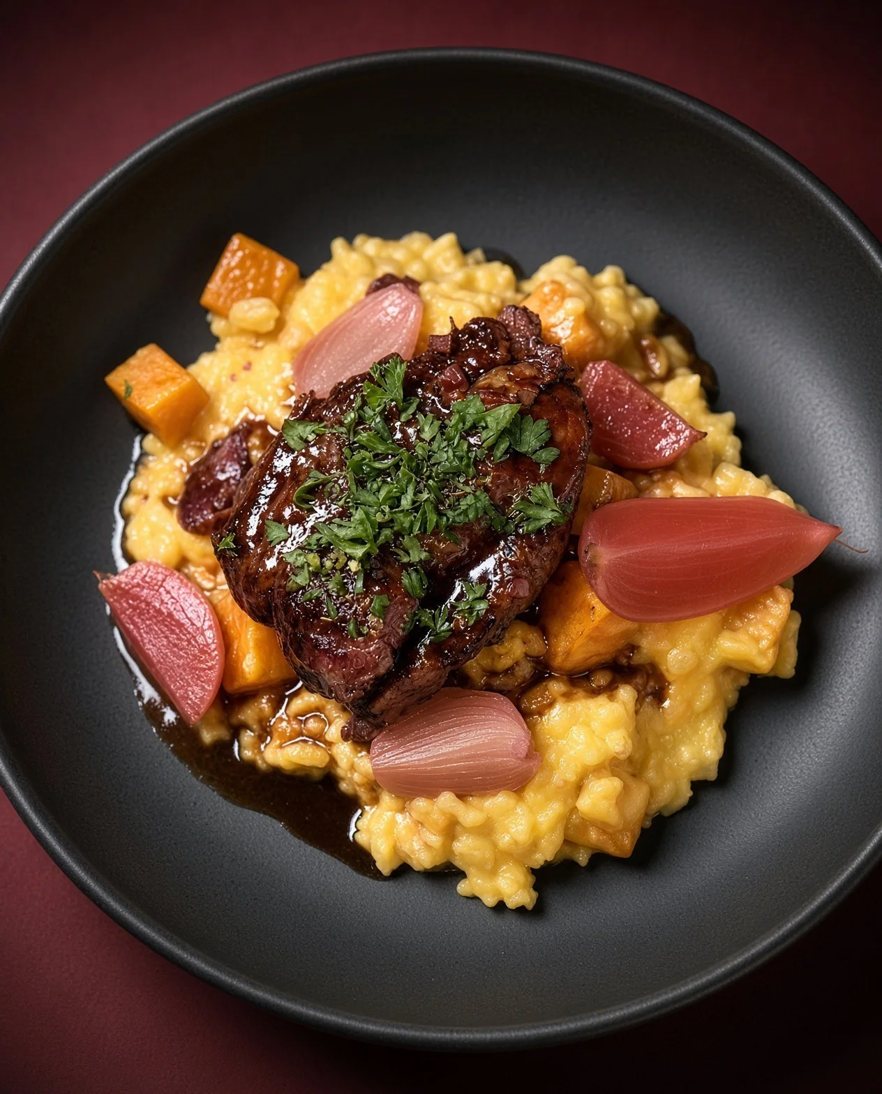 Braised beef cheek on squash risotto with fermented root vegetables and gremolata