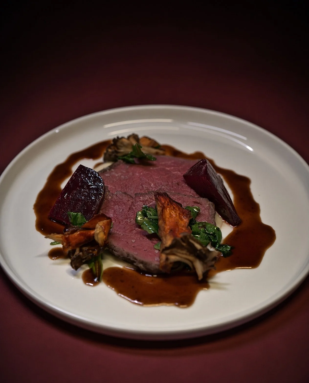 Sous vide AAA sirloin steak with sunchoke purée, beets and red wine jus