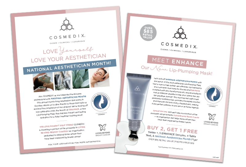ENHANCE sales sheet (left) Nation Aesthetician Month Flyer (right)